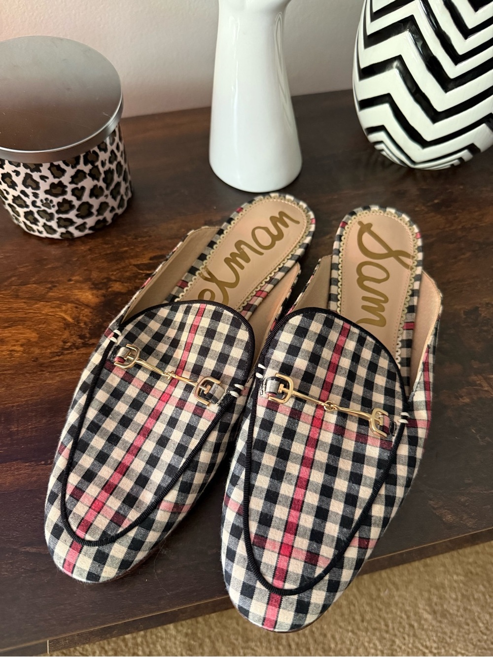 Sam Edelman Plaid Slip-On Mules in Black, White & Red with Gold Bit